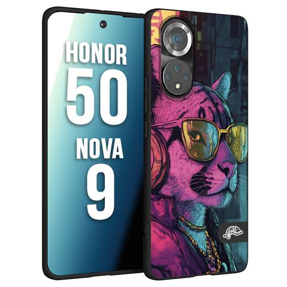 CUSTOMIZZA - Custodia cover nera morbida in tpu compatibile per Huawei Nova 9 - Honor 50 animali cyberpunk pantera street cat fucsia blu giallo