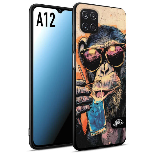 CUSTOMIZZA - Custodia cover nera morbida in tpu compatibile per Samsung A12 estate disegnata cocktails animali simpatici scimmia monkey negroni