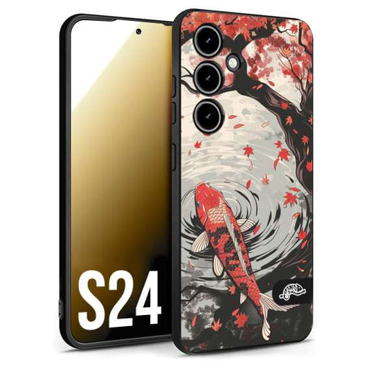 CUSTOMIZZA - Custodia cover nera morbida in tpu compatibile per Samsung S24 giapponese lago carpa koi rossa con foglie d'acero rosso disegnata tattoo