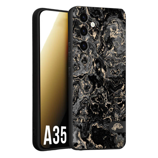 CUSTOMIZZA - Custodia cover nera morbida in tpu compatibile per Samsung A35 5G effetto marmo marble nero black venature dorato pietra