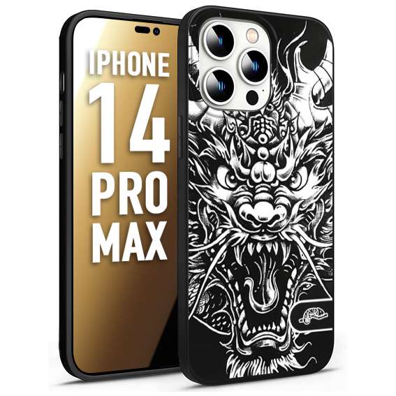 CUSTOMIZZA - Custodia cover nera morbida in tpu compatibile per iPhone 14 PRO MAX drago black and white bianco a rilievo disegnato tattoo tatuaggio