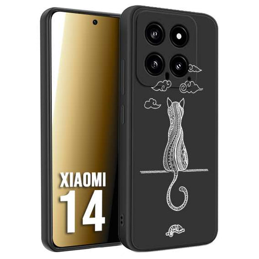 CUSTOMIZZA - Custodia cover nera morbida in tpu compatibile per Xiaomi 14 gatto mandala stilizzato gattino a rilievo soft touch donna bianca
