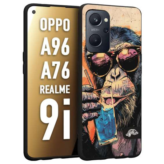 CUSTOMIZZA - Custodia cover nera morbida in tpu compatibile per Oppo Realme 9i - A96 - A76 estate disegnata cocktails animali simpatici scimmia monkey negroni