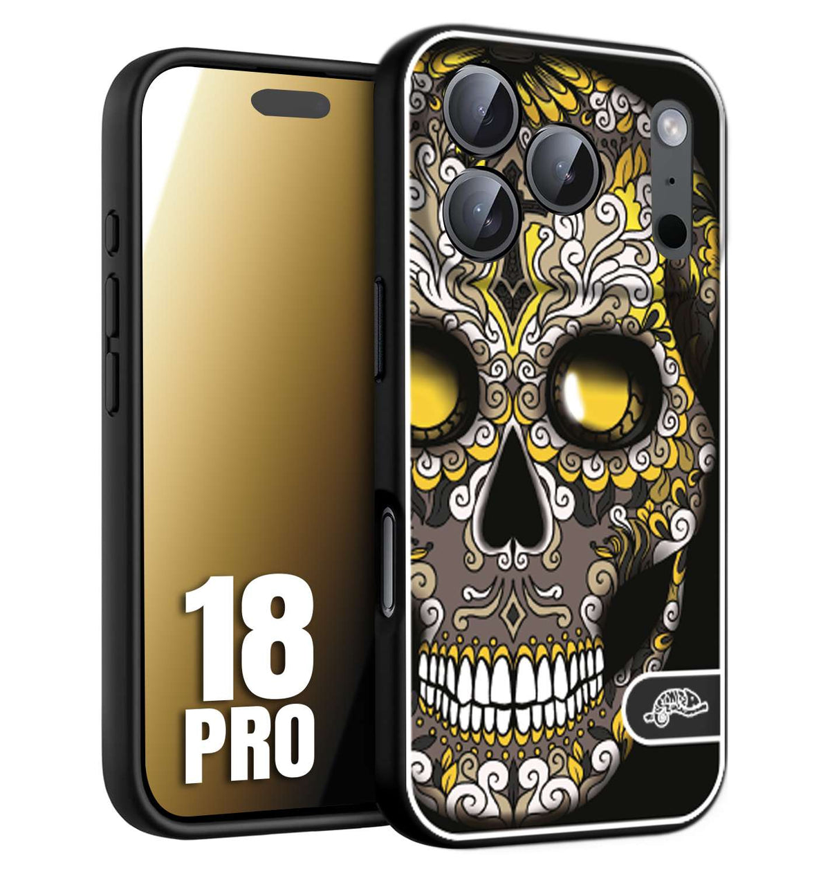 CUSTOMIZZA - Custodia cover nera morbida in tpu compatibile per iPhone 18 PRO teschio messicano Mexican skull nero giallo