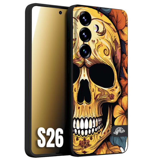 CUSTOMIZZA - Custodia cover nera morbida in tpu compatibile per Samsung S26 teschio messicano colorato dorato fiori autunnali disegnato