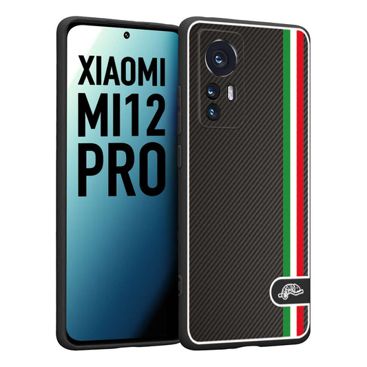 CUSTOMIZZA - Custodia cover nera morbida in tpu compatibile per Xiaomi 12 PRO effetto fibra di carbonio bandiera Italia made in Italy