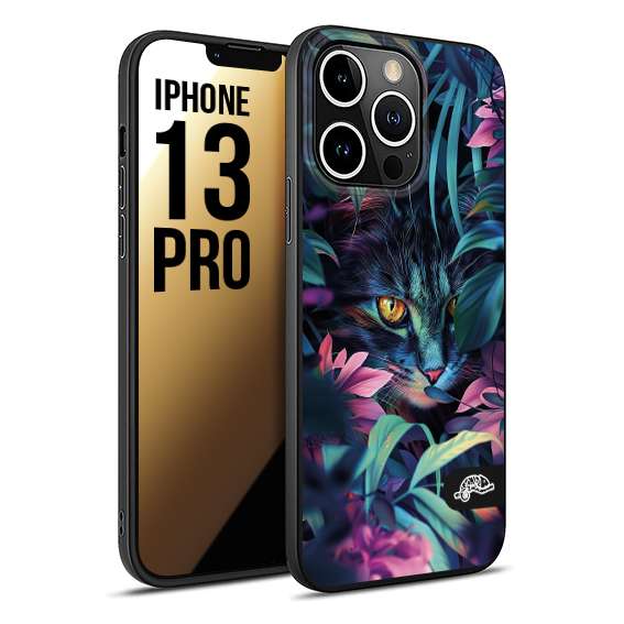 CUSTOMIZZA - Custodia cover nera morbida in tpu compatibile per iPhone 13 PRO animali color giungla tropicale occhio di gatto colori vibranti disegnato