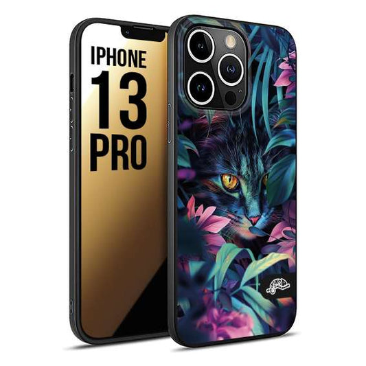 CUSTOMIZZA - Custodia cover nera morbida in tpu compatibile per iPhone 13 PRO animali color giungla tropicale occhio di gatto colori vibranti disegnato