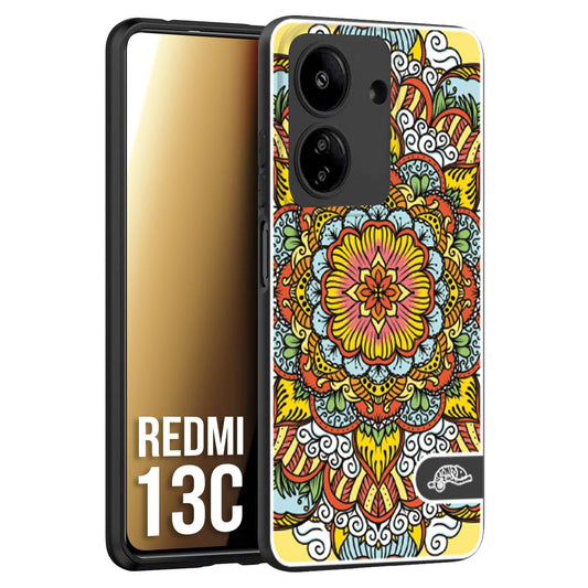 CUSTOMIZZA - Custodia cover nera morbida in tpu compatibile per Xiaomi Redmi 13C mandala colorato fiore nuvole arancione