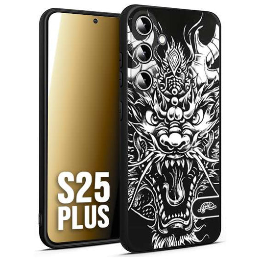 CUSTOMIZZA - Custodia cover nera morbida in tpu compatibile per Samsung S25 PLUS drago black and white bianco a rilievo disegnato tattoo tatuaggio