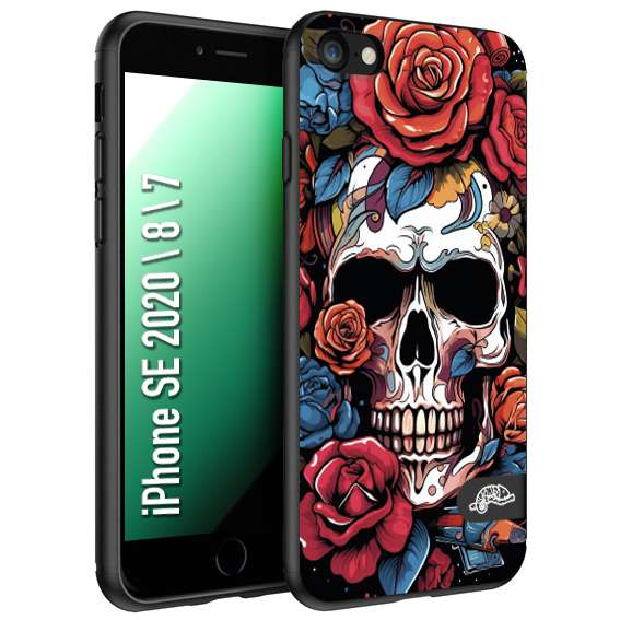 CUSTOMIZZA - Custodia cover nera morbida in tpu compatibile per iPhone 7 - 8 - SE 2020 / 2022 teschio skull flowers fiori rose rosse tattoo disegnato