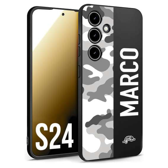 CUSTOMIZZA - Custodia cover nera morbida in tpu compatibile per Samsung S24 camouflage mimetico militare personalizzata nome bianco