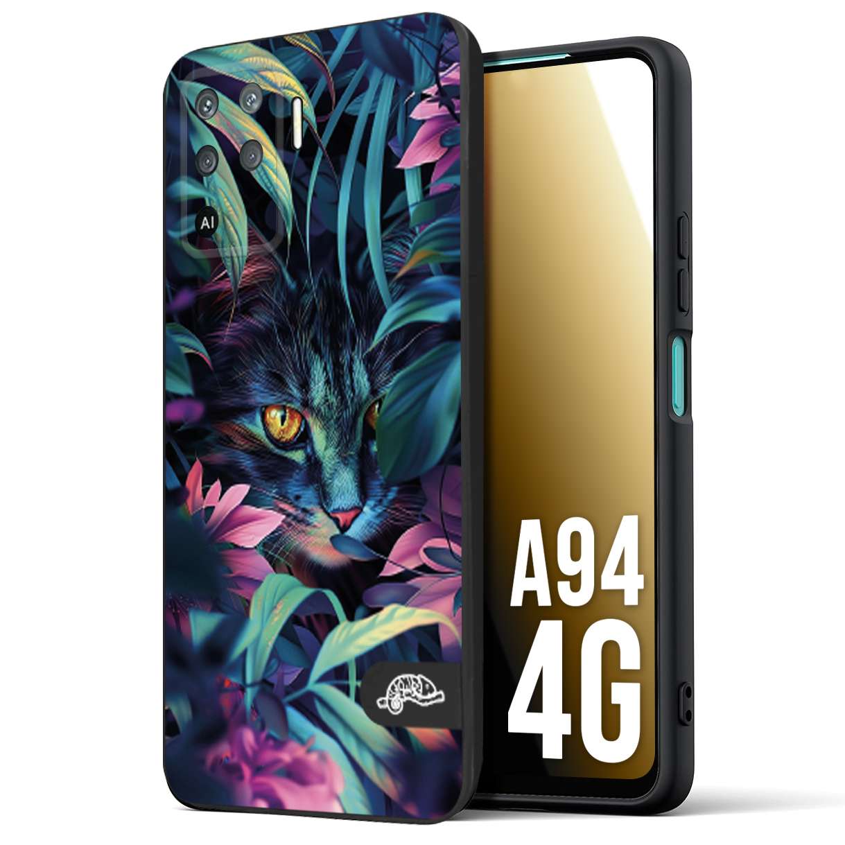 CUSTOMIZZA - Custodia cover nera morbida in tpu compatibile per Oppo A94 4G animali color giungla tropicale occhio di gatto colori vibranti disegnato