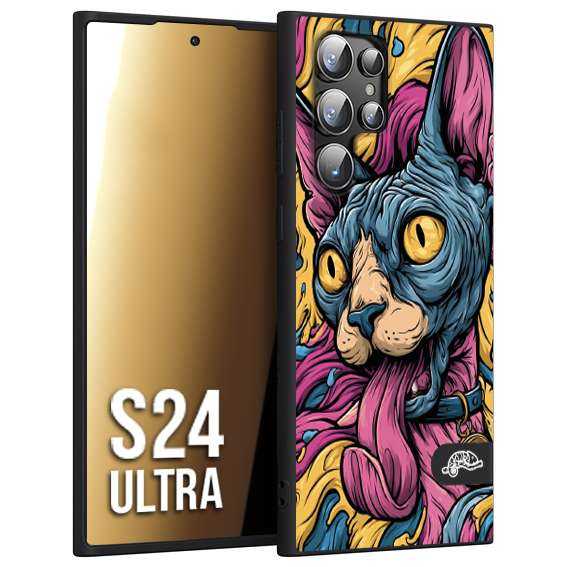 CUSTOMIZZA - Custodia cover nera morbida in tpu compatibile per Samsung S24 ULTRA Sphynx Colorato Pop Art Psichedelico Gatto Blu Rosa Giallo Artistica Fantasy