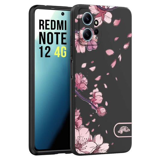 CUSTOMIZZA - Custodia cover nera morbida in tpu compatibile per Xiaomi Redmi Note 12 4G giapponese fiori di ciliegio in fiore a rilievo disegnata tattoo