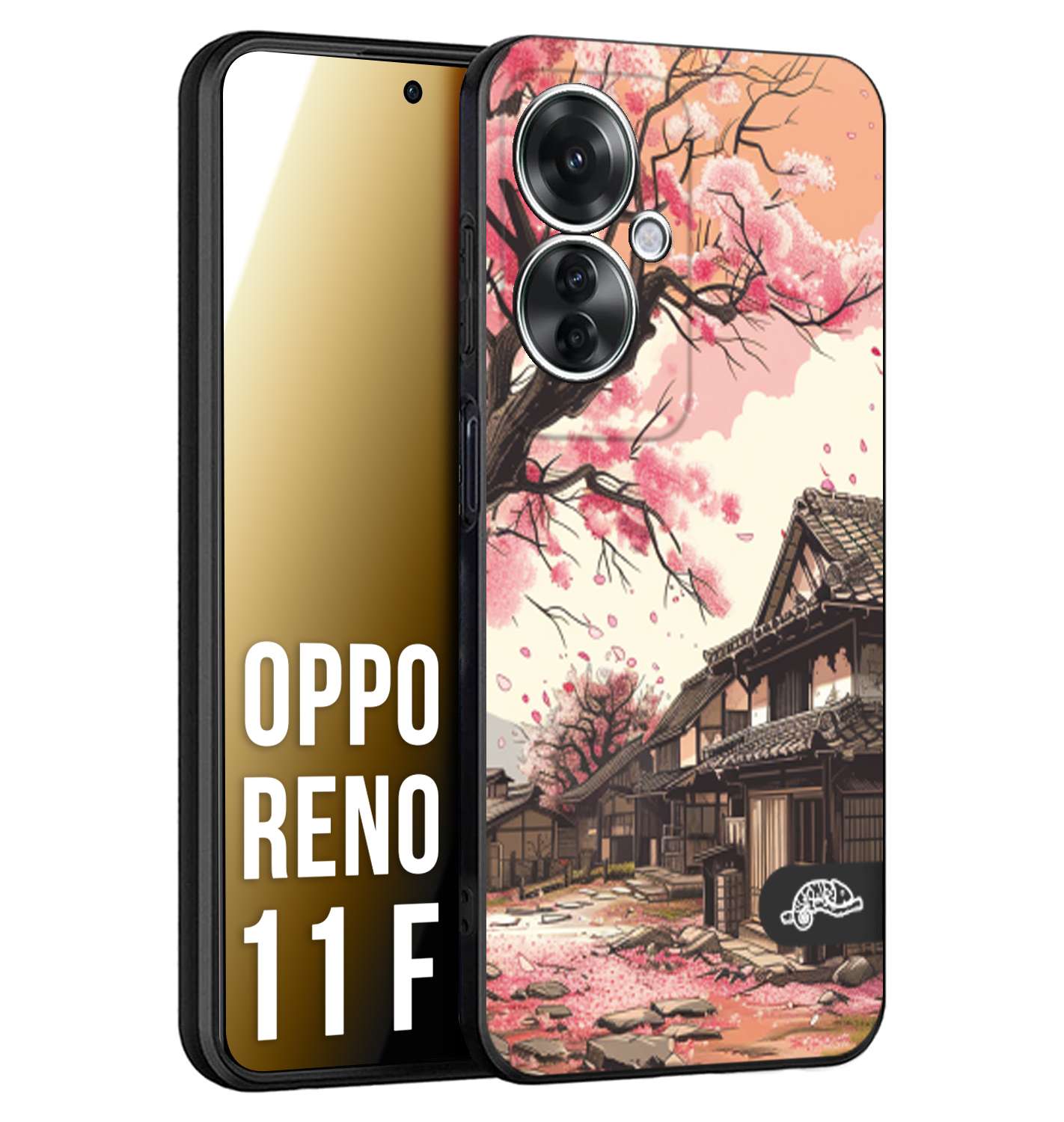 CUSTOMIZZA - Custodia cover nera morbida in tpu compatibile per Oppo Reno 11 F 5G casa giapponese rosa ciliegio in fiore disegnata tattoo