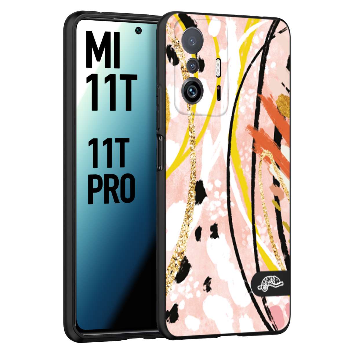 CUSTOMIZZA - Custodia cover nera morbida in tpu compatibile per Xiaomi Mi 11T - Mi 11T PRO fiori astratti donna zebrato leopardato fantasia dorata gialla rosa colorata