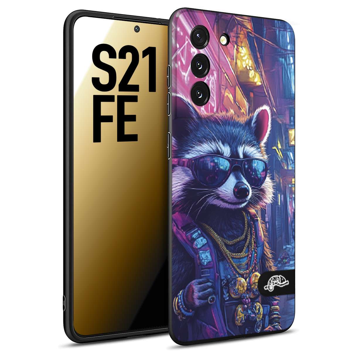 CUSTOMIZZA - Custodia cover nera morbida in tpu compatibile per Samsung S21 FE animali simpatici cyberpunk procione racoon street cat fucsia blu giallo