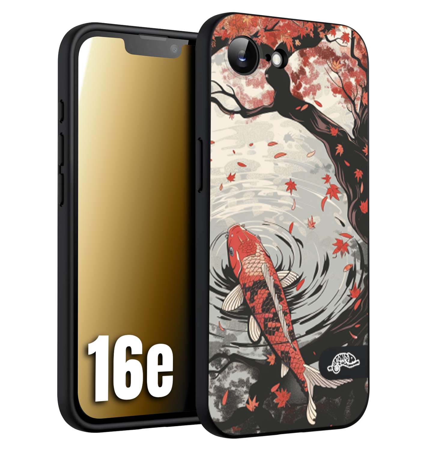 CUSTOMIZZA - Custodia cover nera morbida in tpu compatibile per iPhone 16E giapponese lago carpa koi rossa con foglie d'acero rosso disegnata tattoo
