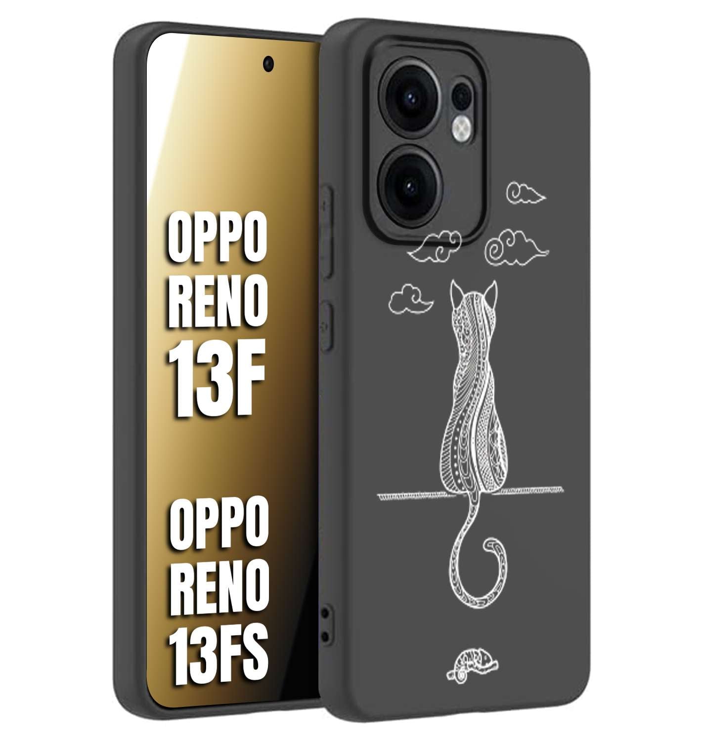 CUSTOMIZZA - Custodia cover nera morbida in tpu compatibile per Oppo Reno 13 F gatto mandala stilizzato gattino a rilievo soft touch donna bianca