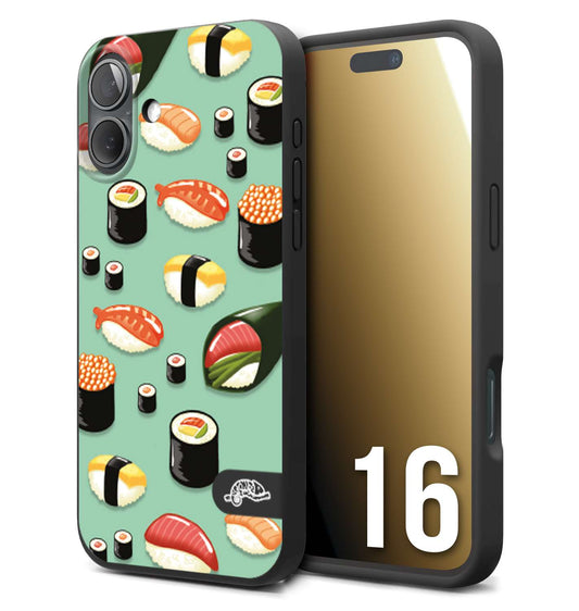 CUSTOMIZZA - Custodia cover nera morbida in tpu compatibile per iPhone 16 sushi disegni giapponese nighiri acquamarina verde