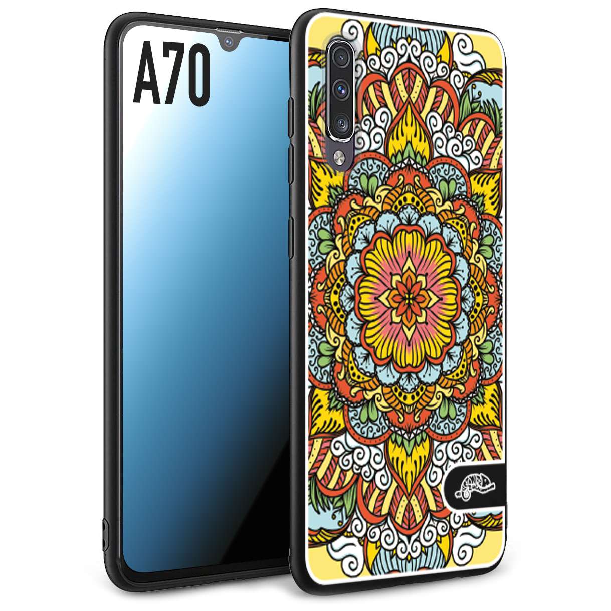 CUSTOMIZZA - Custodia cover nera morbida in tpu compatibile per Samsung A70 mandala colorato fiore nuvole arancione