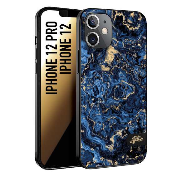 CUSTOMIZZA - Custodia cover nera morbida in tpu compatibile per iPhone 12 - 12 PRO effetto marmo marble blu venature dorato psichedelico