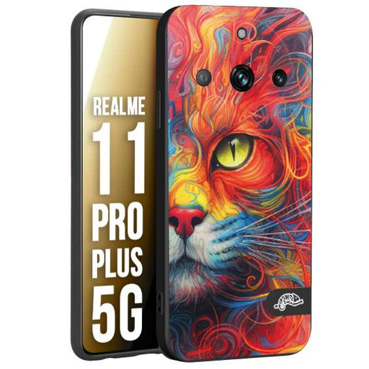 CUSTOMIZZA - Custodia cover nera morbida in tpu compatibile per Oppo Realme 11 PRO PLUS 5G animali color cat gatto viso colori vibranti disegnato schizzo