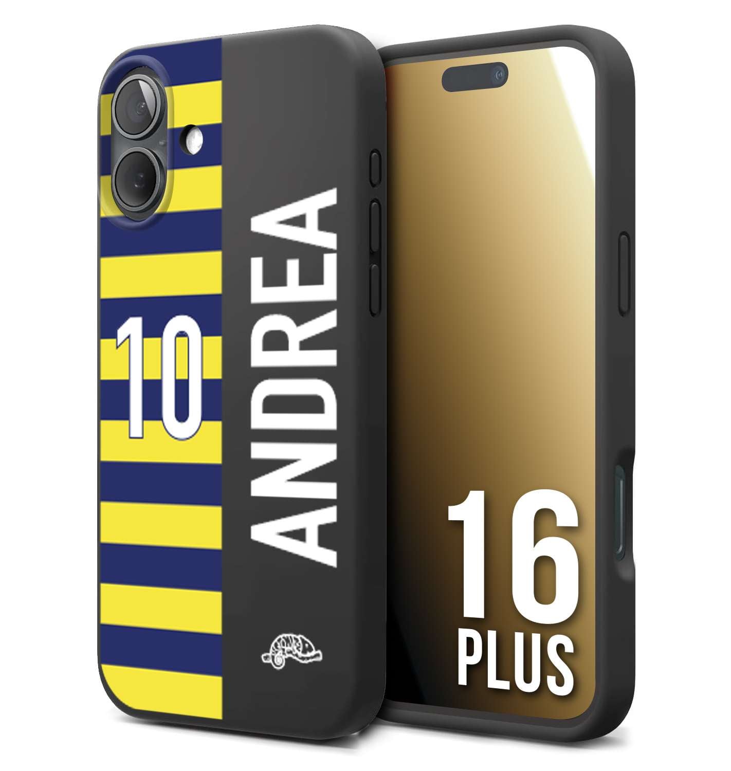 CUSTOMIZZA - Custodia cover nera morbida in tpu compatibile per iPhone 16 PLUS personalizzata calcio football nome e numero calciatori giallo blu