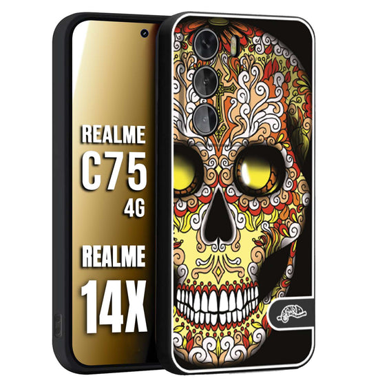 CUSTOMIZZA - Custodia cover nera morbida in tpu compatibile per Realme 14X - C75 4G teschio messicano Mexican skull giallo rosso arancio
