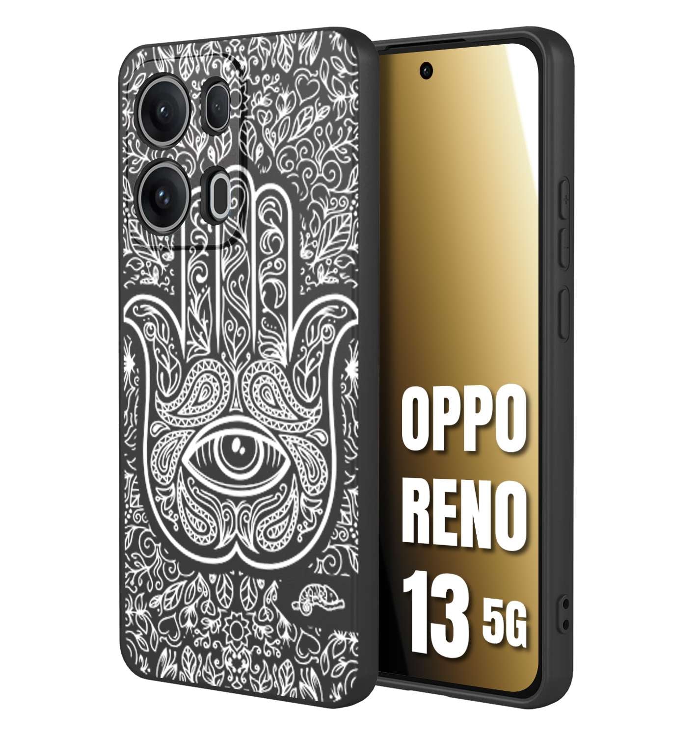 CUSTOMIZZA - Custodia cover nera morbida in tpu compatibile per Oppo Reno 13 5G mano di fatima effetto rilievo mandala donna