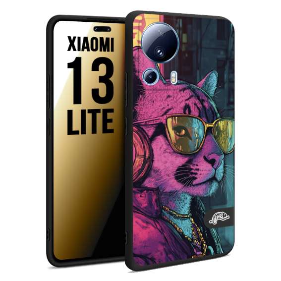 CUSTOMIZZA - Custodia cover nera morbida in tpu compatibile per Xiaomi 13 LITE animali cyberpunk pantera street cat fucsia blu giallo