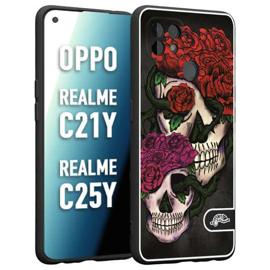 CUSTOMIZZA - Custodia cover nera morbida in tpu compatibile per Realme C21Y - C25Y teschi e rose rosse fucsia skull and roses