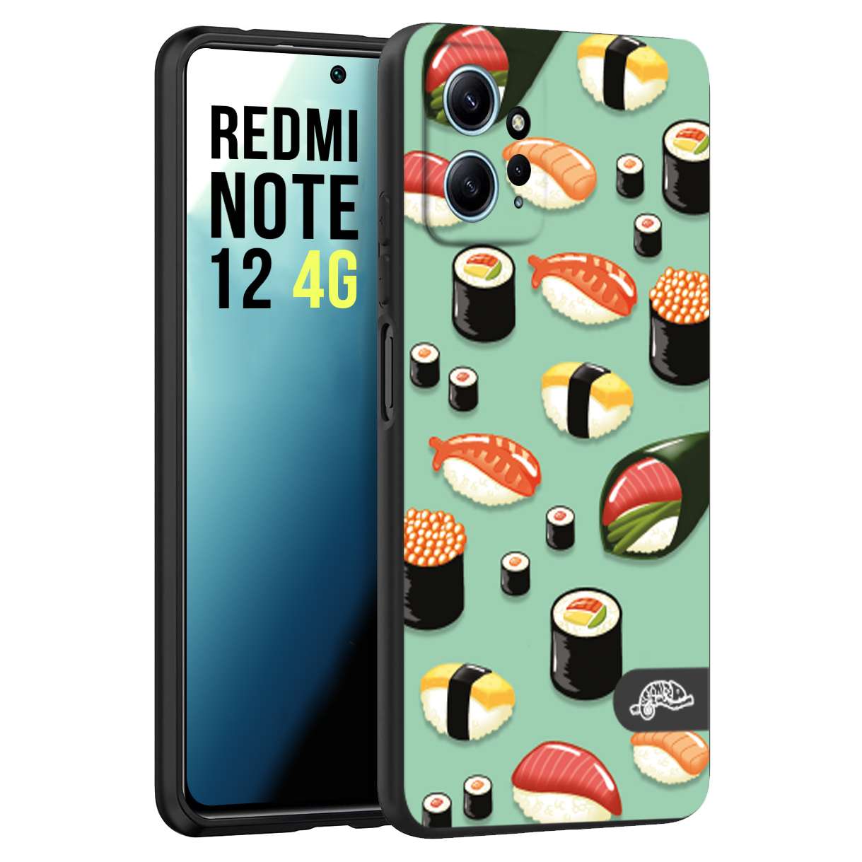 CUSTOMIZZA - Custodia cover nera morbida in tpu compatibile per Xiaomi Redmi Note 12 4G sushi disegni giapponese nighiri acquamarina verde