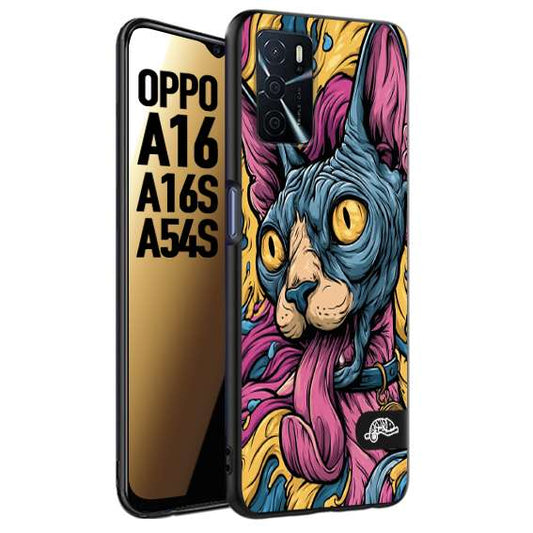 CUSTOMIZZA - Custodia cover nera morbida in tpu compatibile per Oppo A16 - A16S - A54S Sphynx Colorato Pop Art Psichedelico Gatto Blu Rosa Giallo Artistica Fantasy