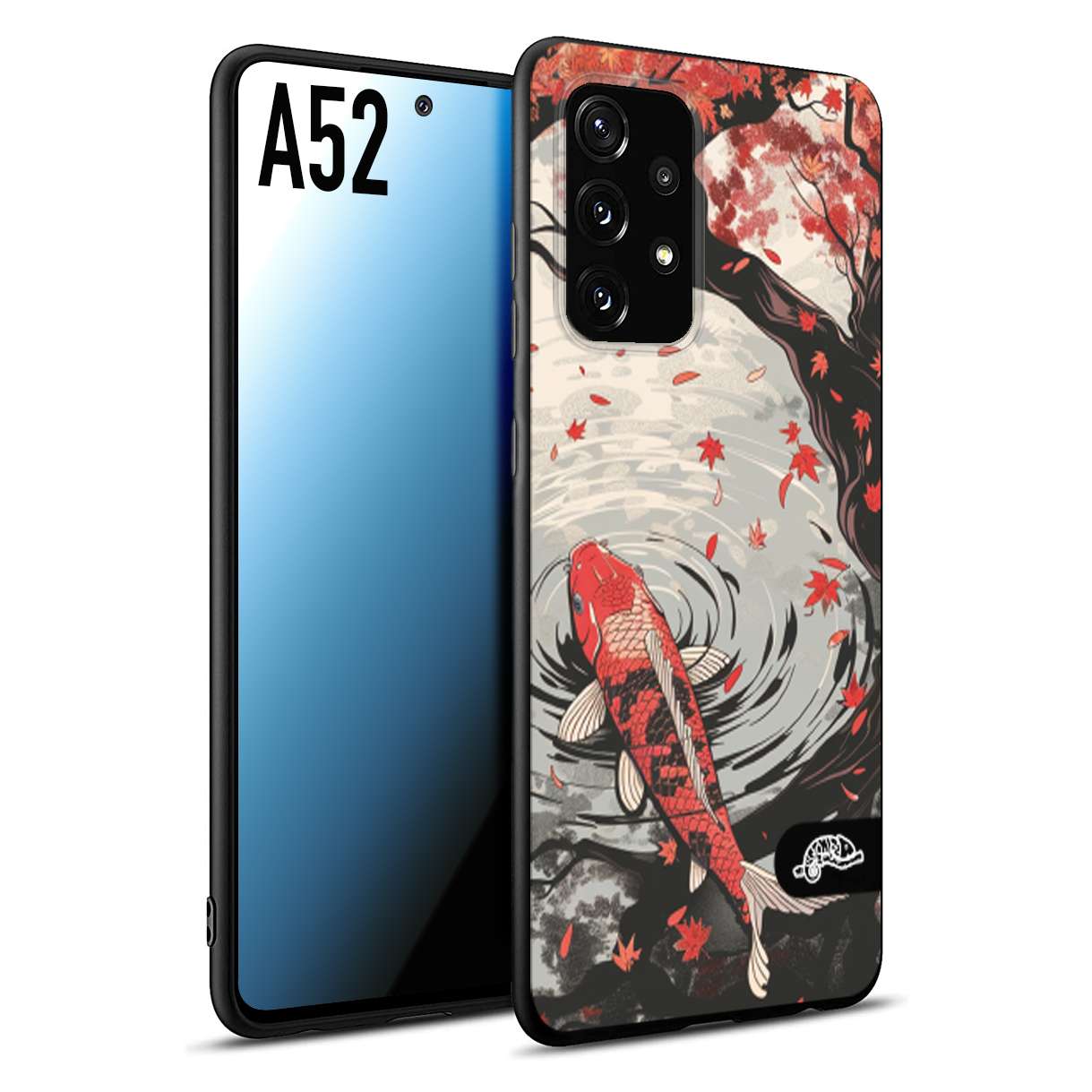 CUSTOMIZZA - Custodia cover nera morbida in tpu compatibile per Samsung A52 giapponese lago carpa koi rossa con foglie d'acero rosso disegnata tattoo