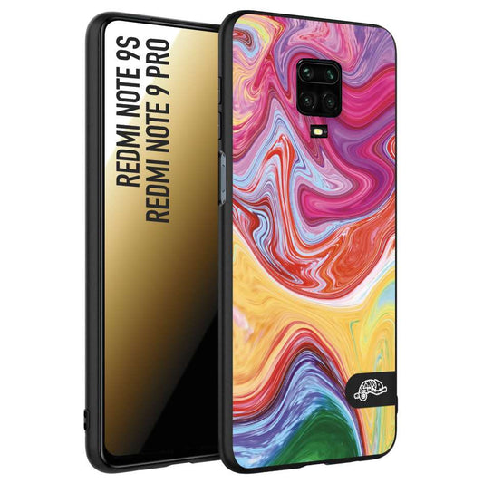 CUSTOMIZZA - Custodia cover nera morbida in tpu compatibile per Xiaomi Redmi Note 9S - Note 9 PRO colorata fantasia vortice marmo onde verde fucsia gialla