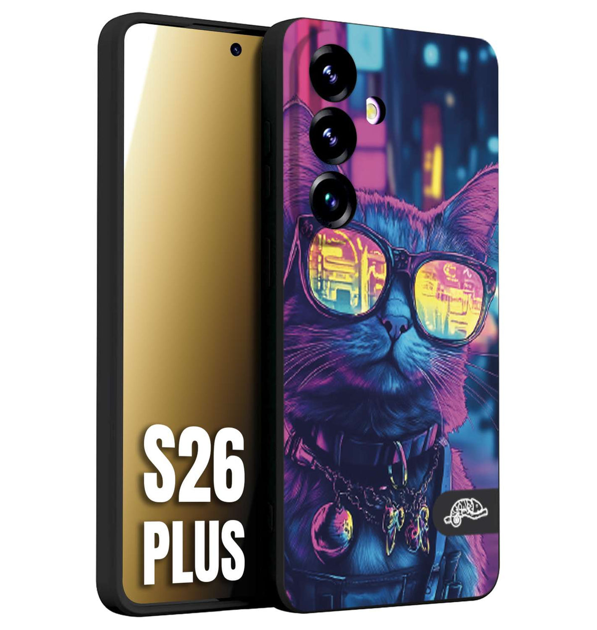 CUSTOMIZZA - Custodia cover nera morbida in tpu compatibile per Samsung S26 PLUS animali cyberpunk gatto street cat fucsia blu giallo