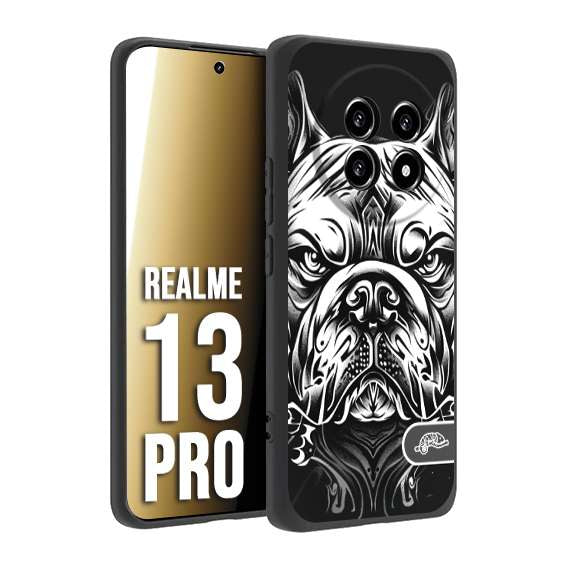 CUSTOMIZZA - Custodia cover nera morbida in tpu compatibile per Realme 13 PRO bulldog bianco a rilievo disegnato tattoo tatuaggio