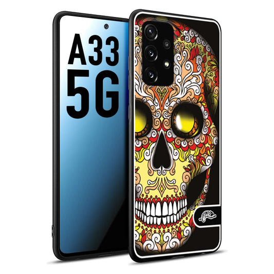 CUSTOMIZZA - Custodia cover nera morbida in tpu compatibile per Samsung A33 5G teschio messicano Mexican skull giallo rosso arancio