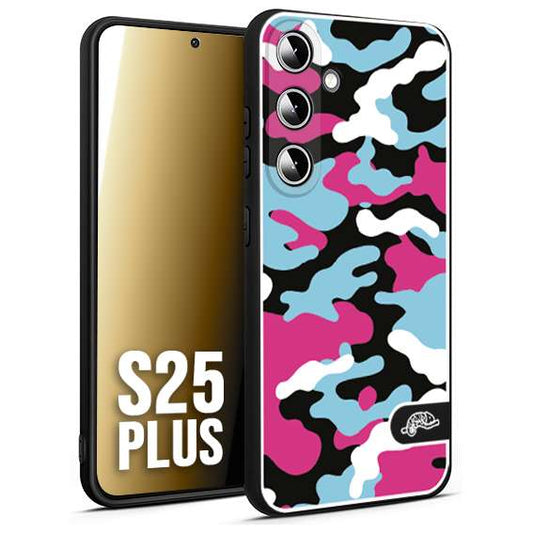 CUSTOMIZZA - Custodia cover nera morbida in tpu compatibile per Samsung S25 PLUS camouflage mimetico militare fucsia celeste