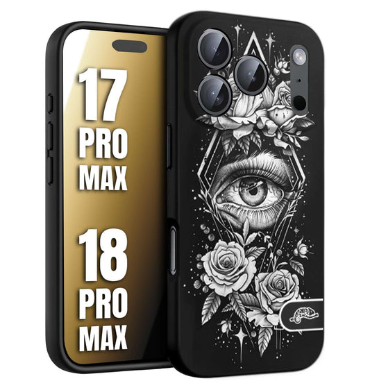 CUSTOMIZZA - Custodia cover nera morbida in tpu compatibile per iPhone 17 PRO MAX - 18 PRO MAX occhio fiori rombo geometrico black and white bianco a rilievo disegnato tattoo tatuaggio