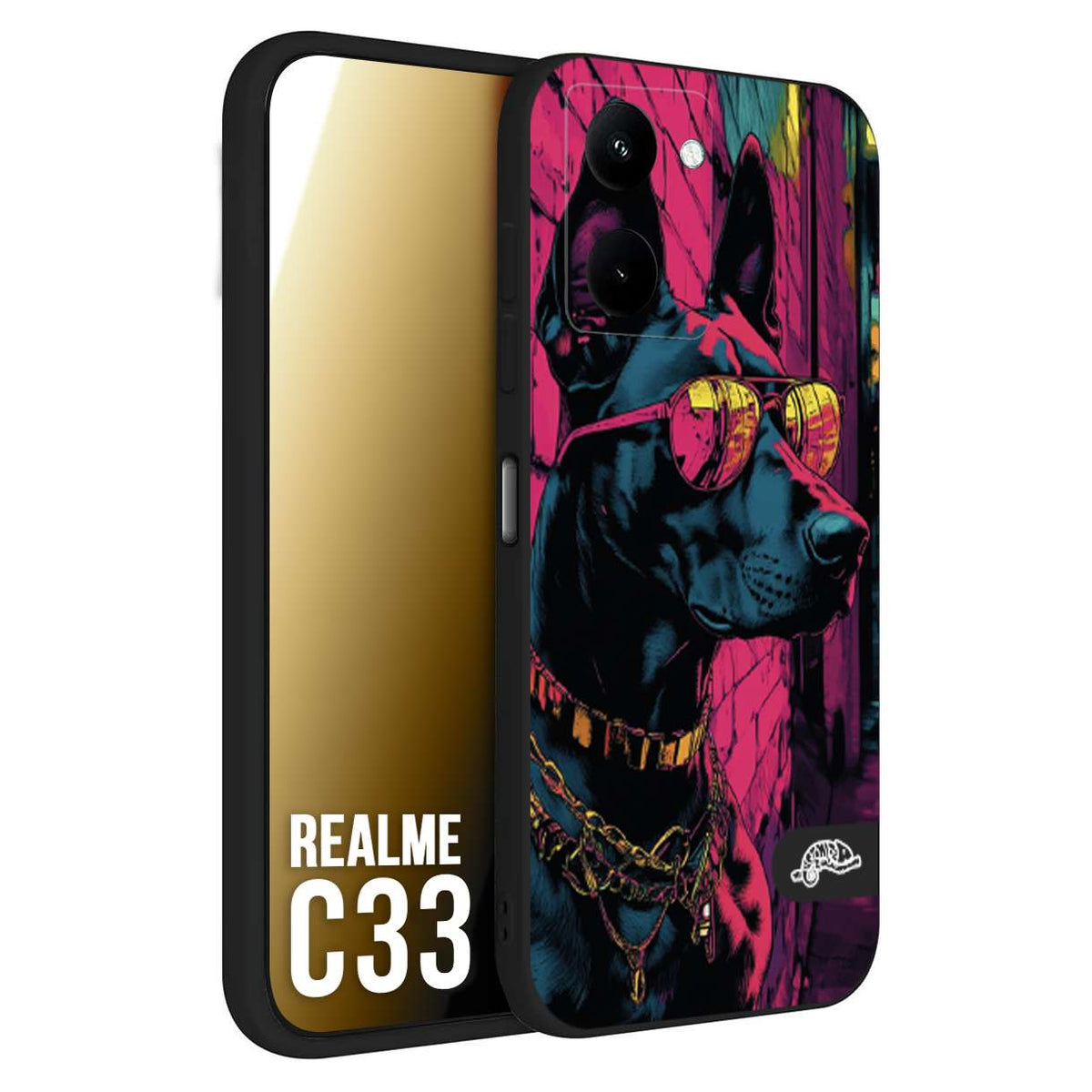 CUSTOMIZZA - Custodia cover nera morbida in tpu compatibile per Realme C33 animali cyberpunk dobermann cane street dog fucsia blu
