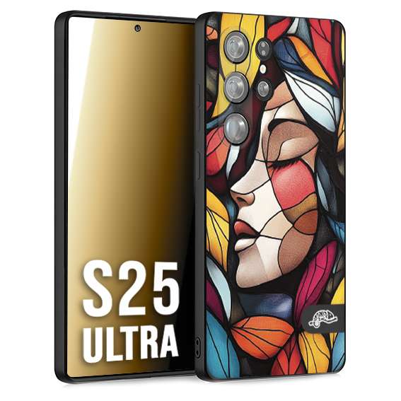 CUSTOMIZZA - Custodia cover nera morbida in tpu compatibile per Samsung S25 ULTRA Vetrata artistica volto di donna profilo fogliare mosaico di vetro colorato