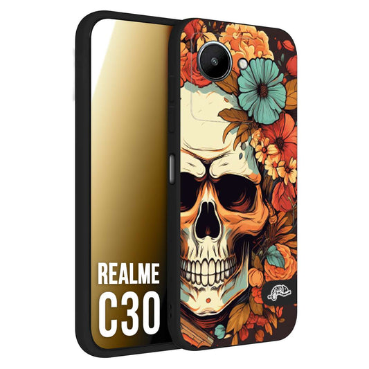 CUSTOMIZZA - Custodia cover nera morbida in tpu compatibile per Oppo Realme C30 teschio skull flowers fiori autunnali arancio celeste tattoo