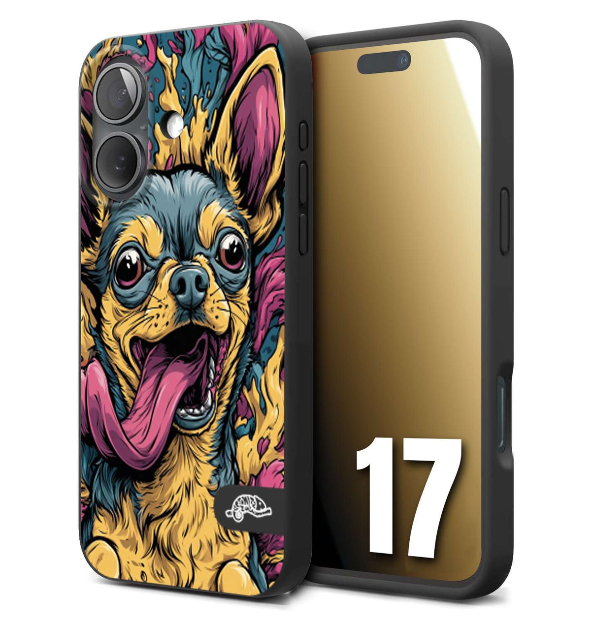 CUSTOMIZZA - Custodia cover nera morbida in tpu compatibile per iPhone 17 Chihuahua illustrazione cane pop art cane street art cartone animato