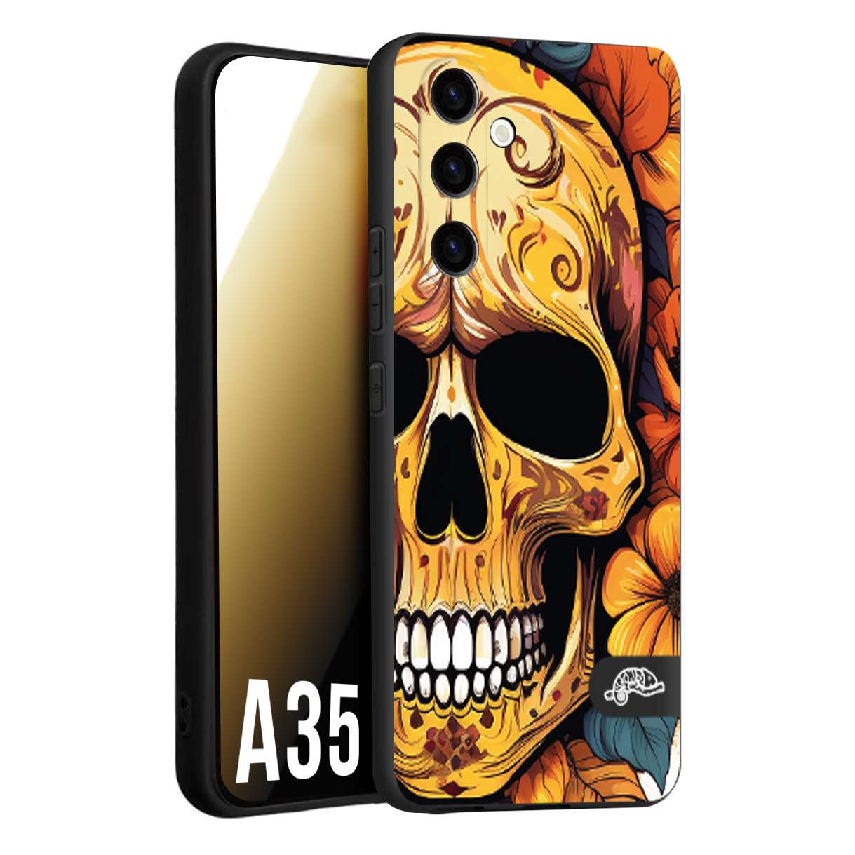 CUSTOMIZZA - Custodia cover nera morbida in tpu compatibile per Samsung A35 5G teschio messicano colorato dorato fiori autunnali disegnato