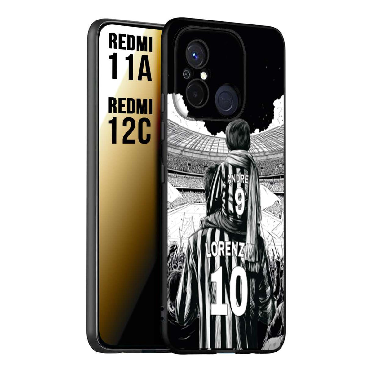CUSTOMIZZA - Custodia cover nera morbida in tpu compatibile per Xiaomi Redmi 11A - 12C personalizzata calcio football nome e numero calciatori bianconeri bianca e nera