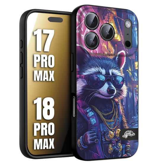 CUSTOMIZZA - Custodia cover nera morbida in tpu compatibile per iPhone 17 PRO MAX - 18 PRO MAX animali simpatici cyberpunk procione racoon street cat fucsia blu giallo