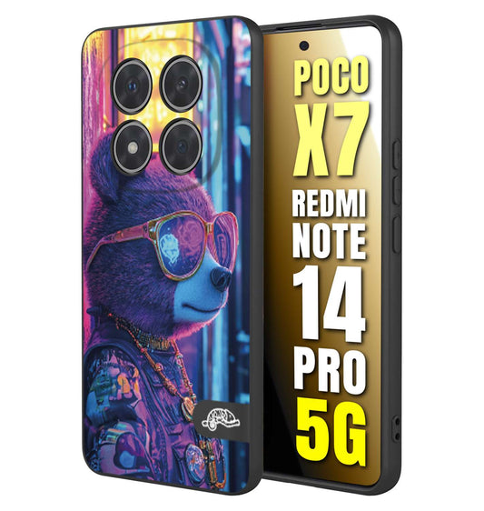 CUSTOMIZZA - Custodia cover nera morbida in tpu compatibile per Xiaomi Redmi Note 14 PRO 5G animali cyberpunk orsetto orso street bear fucsia blu night